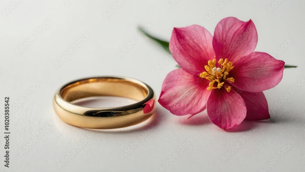 Pink flower and gold wedding rings displayed together in a simple composition Pink flower and gold wedding rings displayed together in a simple composition