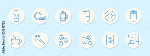 Coffee set icon. Milk bottle, stacked cups, French press, grinder, capsule, to-go cup, steaming cup, portafilter, coffee beans, pack, coffee machine.