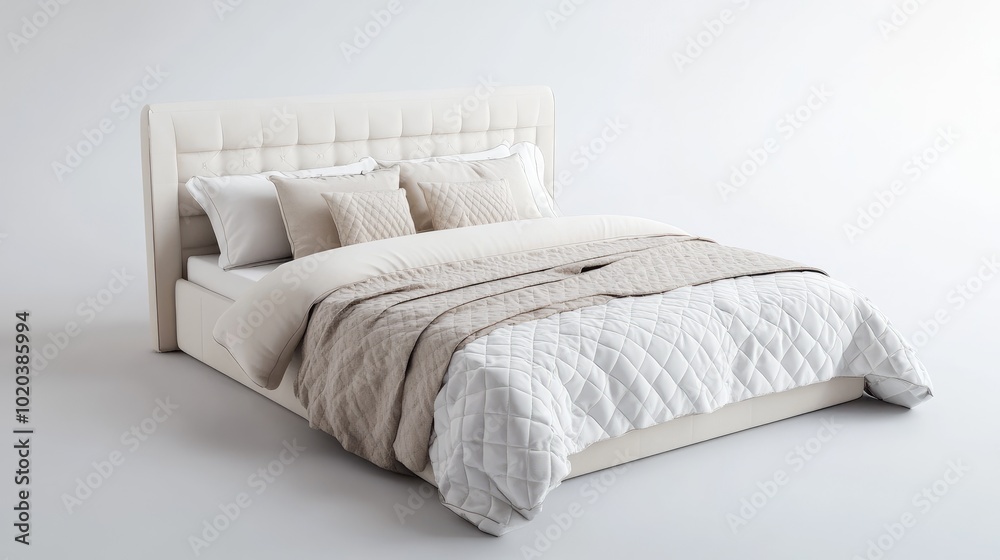 Elegant bed with a simple white headboard, adorned with a matching quilt and pillows, against a clean white backdrop. Emphasizing simplicity and comfort. Elegant bed with a simple white headboard, adorned with a matching quilt and pillows, against a clean white backdrop. Emphasizing simplicity and comfort.