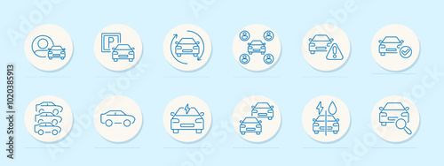 Automobile set icon. Driver, parking, car exchange, carpool, warning, approval, multiple cars, electric, car with arrow, fuel, car with magnifying glass.