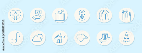 Faith set icon. Heart with cross, hand with speech bubble, open book, grave with cross, praying hands, candles, music note, cloud, house with moon, key with heart, gift, tree.