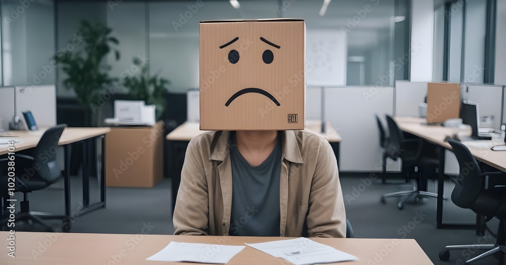 A person wearing a cardboard box with a sad face drawn on it, standing in an office environment with desks and computers visible in the background A person wearing a cardboard box with a sad face drawn on it, standing in an office environment with desks and computers visible in the background