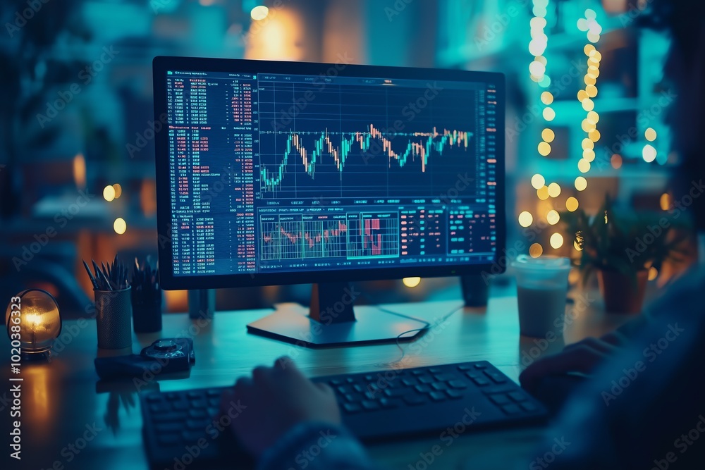 Stock market broker analyzing charts on computer in office at night Stock market broker analyzing charts on computer in office at night