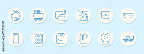 Home appliances set icon. Robot vacuum, dishwasher, vacuum cleaner, kitchen scale, slow cooker, projector, refrigerator, stove, air fryer, kettle, coffee machine, projector.