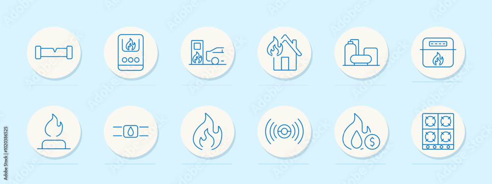 Gas safety set icon. Gas pipe, stove, fuel station with car, burning house, tank, oven, stove flame, gas valve, flame icon, alarm, cost , stove burners. Gas safety set icon. Gas pipe, stove, fuel station with car, burning house, tank, oven, stove flame, gas valve, flame icon, alarm, cost , stove burners.