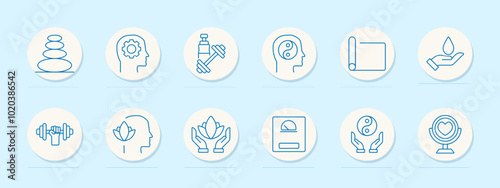 Wellness set icon. Stone balance, head with gear, dumbbell, head with yin yang, yoga mat, hand with drop, dumbbell with leaves, lotus flower, scale, hands with lotus, mirror with heart.