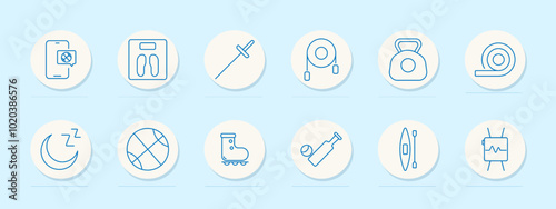 Fitness set icon. Smartwatch, weight scale, sword, measuring tape, kettlebell, exercise band, sleep monitor, basketball, roller skate, baseball, kayak, heart monitor.