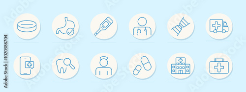 Medical care icon. Pill, stomach, thermometer, doctor, DNA, ambulance, mobile health app, dental check, nurse, pills, hospital, first aid kit, healthcare, emergency services, diagnostics, treatment