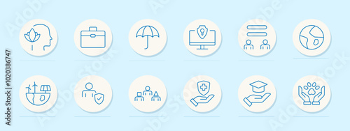 Protection icon. Mental health, briefcase, umbrella, computer security, team management, sustainable energy, insurance, teamwork, healthcare, graduation, education, animal care, social responsibility