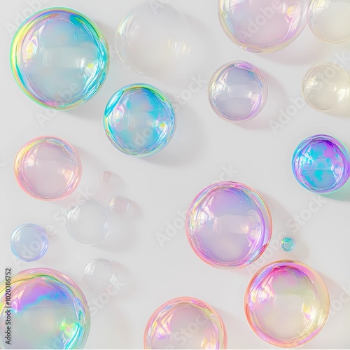 The bubbles shimmer with soft iridescent hues of pink, blue, and purple on a white background. 