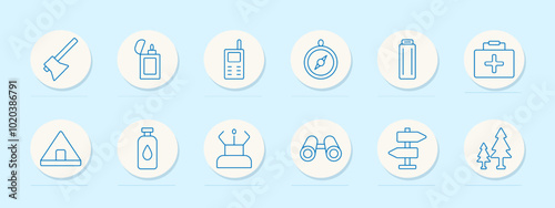 Camping set icon. Axe, lighter, walkie-talkie, compass, battery, first aid kit, tent, water bottle, camp stove, binoculars, signpost, pine trees, hiking, survival tools, navigation, camping equipment