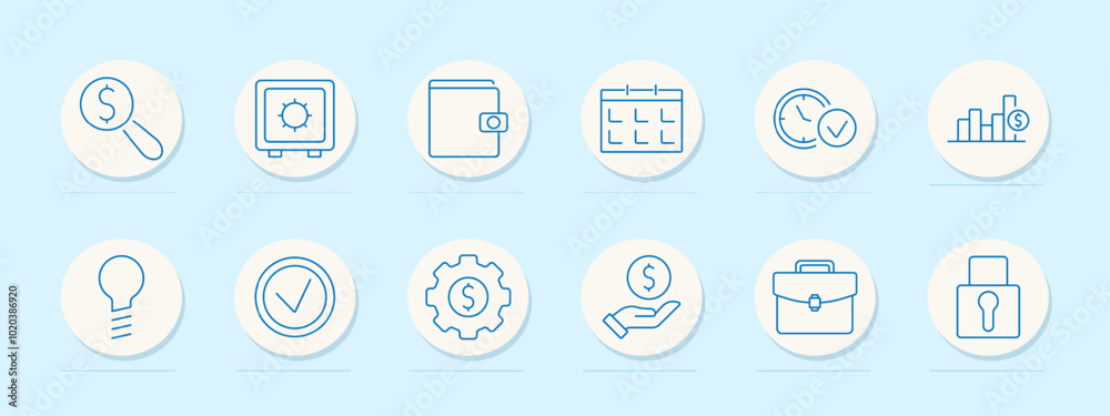 Banking and savings icons set. Magnifying glass with dollar symbol, safe, wallet, calendar, clock, bar chart, light bulb, checkmark, hand holding coin, briefcase, lock Banking and savings icons set. Magnifying glass with dollar symbol, safe, wallet, calendar, clock, bar chart, light bulb, checkmark, hand holding coin, briefcase, lock