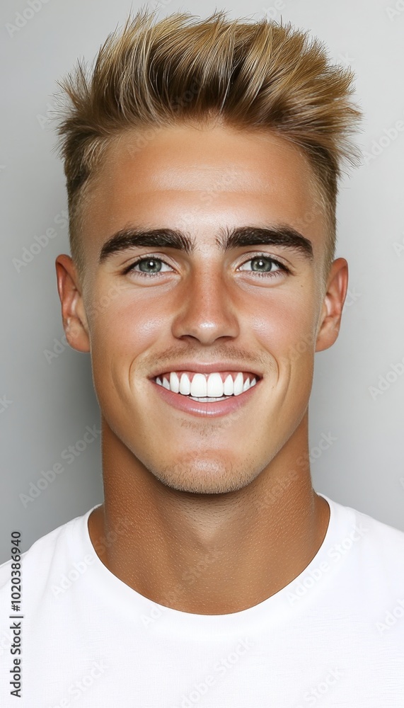 Portrait Of Handsome Young Man With Blonde Hair And Blue Eyes Smiling Against Gray Background Portrait Of Handsome Young Man With Blonde Hair And Blue Eyes Smiling Against Gray Background