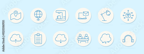 Map and outdoor icons set. Location map, globe with latitude lines, coffee machine, email on laptop, desk lamp, Wi-Fi symbol, cloud icon, clipboard, cloud upload, two people at a desk