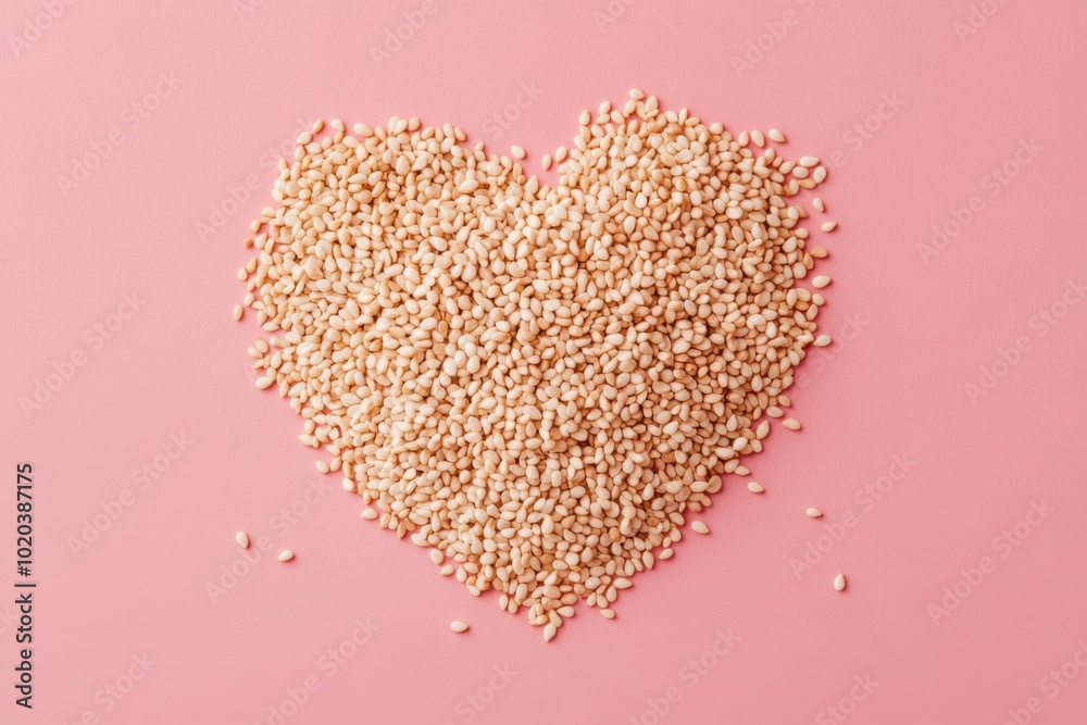 Sesame seeds arranged in a heart shape on a pink background showcasing love and creativity Sesame seeds arranged in a heart shape on a pink background showcasing love and creativity