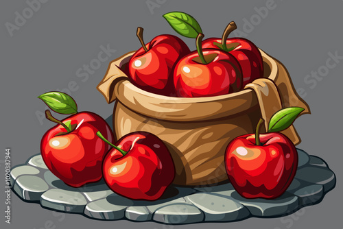 red apples vector in a burlap sack, fruit background