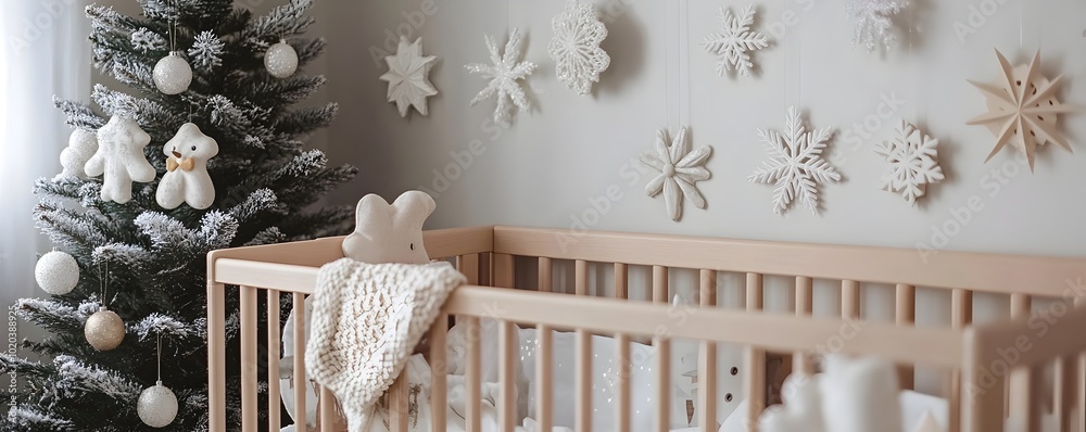 Obraz premium Minimalist Scandinavian Nursery with Peaceful Christmas Ornaments and Snowflake Decor