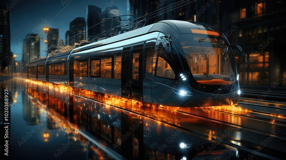 Fototapeta premium Various futuristic transport, train, tram, bus, minibus, connected with AI digital analytics thread, futuristic transport, different transport