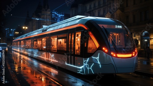 Various futuristic transport, train, tram, bus, minibus, connected with AI digital analytics thread, futuristic transport, different transport