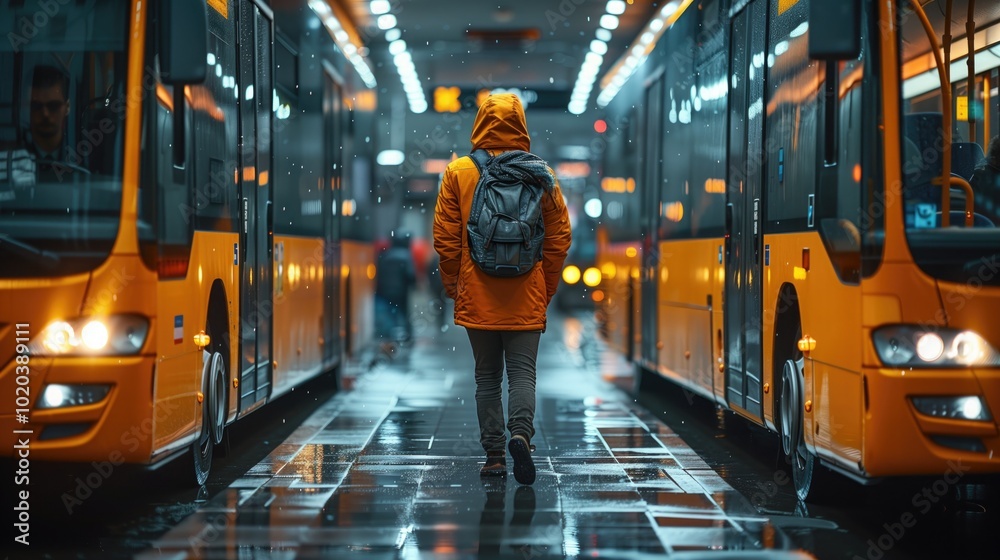 Fototapeta premium future transport future bus, figure strong, entering through the doors of transport, a step in the bus, doors open, future subway, future technology, future high-speed rail, highest resolution, CG, h