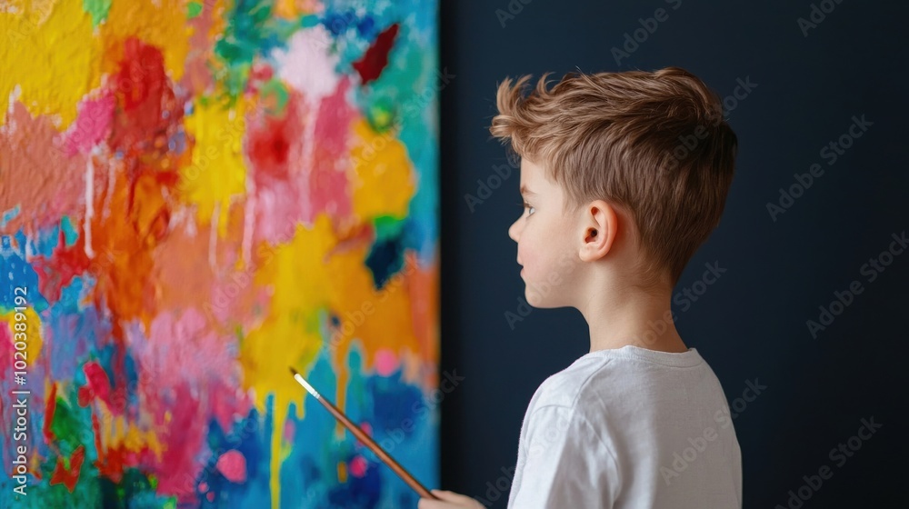 Young Boy Artist Looking at Abstract Painting with Brush Creativity Inspiration Art C Young Boy Artist Looking at Abstract Painting with Brush Creativity Inspiration Art C