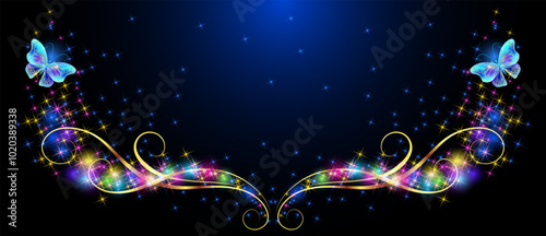 Sparkle stars frame with golden ornament and Flying two blue butterflies in cosmic space. Animal protection day concept or birthday card for birthday.