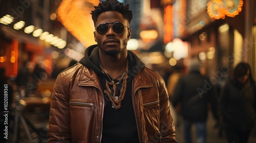 Stylish African American man in urban night setting.