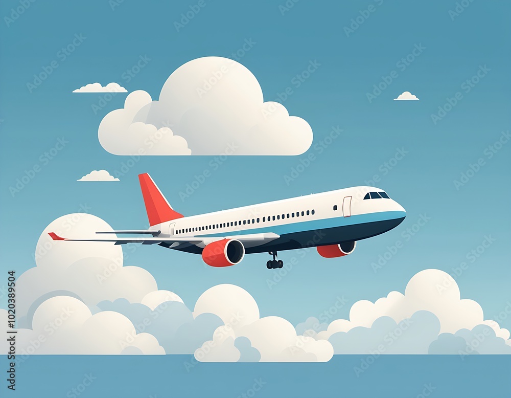 Flat style of passenger plane, clouds and blue sky for international world civil aviation day Flat style of passenger plane, clouds and blue sky for international world civil aviation day