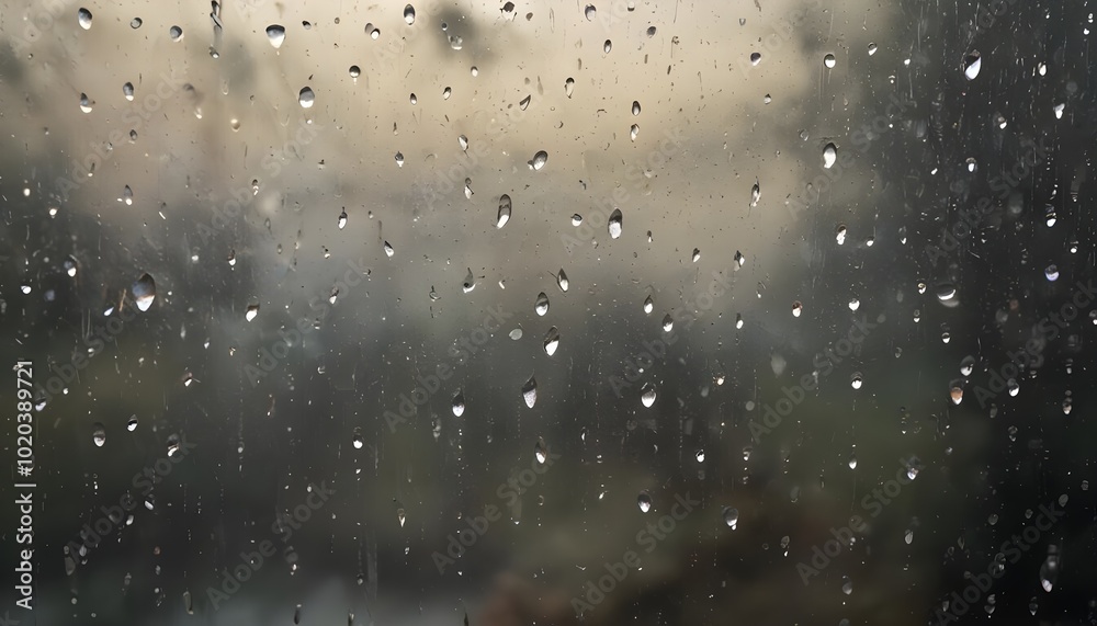 Obraz premium Raindrops on a glass window, with a blurred outdoor scene visible through the glass