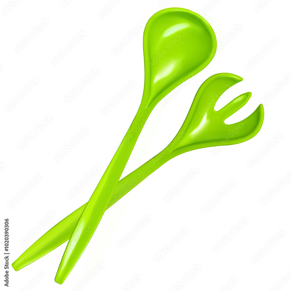 Green fork and spoon isolated on white background. Green colour objects. Eating. Salad set fork and spoon. Kitchenwear. Tablewear. Simplicity. Product design. Comfort. Kitchen utensil Green fork and spoon isolated on white background. Green colour objects. Eating. Salad set fork and spoon. Kitchenwear. Tablewear. Simplicity. Product design. Comfort. Kitchen utensil