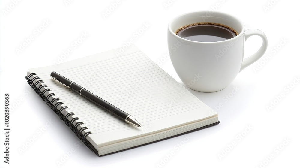 White desk with open notebook, pen, and coffee cup, set against a bright white background. Ideal for productivity and work environment promotions. White desk with open notebook, pen, and coffee cup, set against a bright white background. Ideal for productivity and work environment promotions.