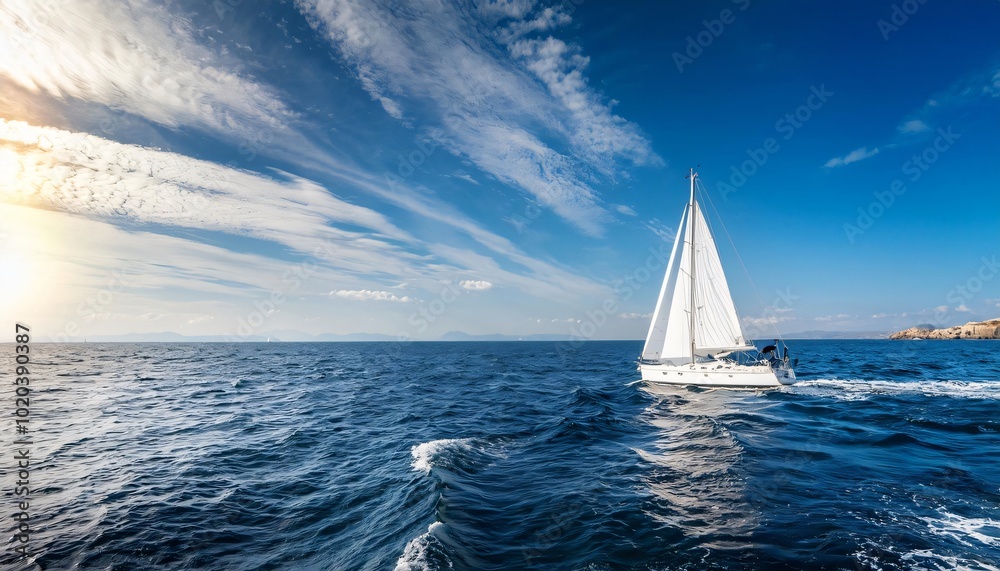Obraz premium Sailing boat with full sails cruising in the open sea