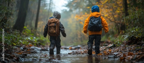 Two young boys wearing backpacks walk through a forest stream in the autumn.