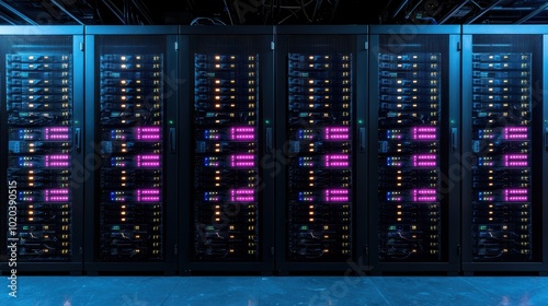 Illuminated Network Switch in Data Centre Rack with Ethernet Cables, Showing Connectivity Status