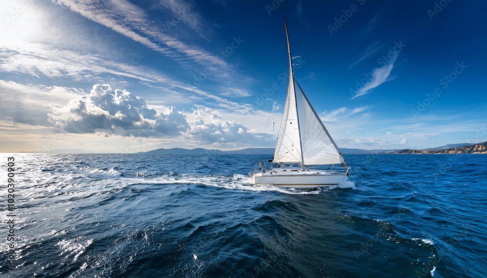 Obraz premium Sailboat sailing on calm sea with open sail on sunny day