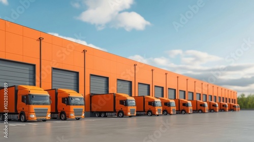 Orange Semi Trucks Loading at Warehouse Doors