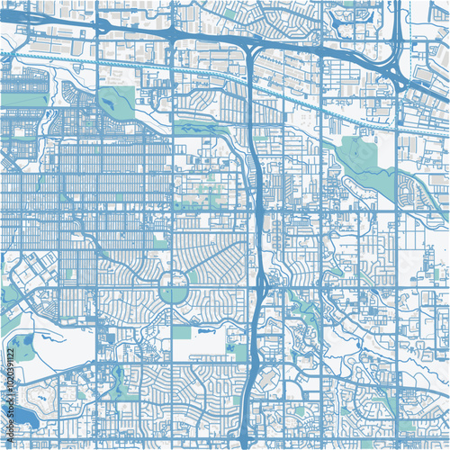 Map of Aurora in Colorado in a professional blue style. Contains layered vector with roads water, parks, etc.