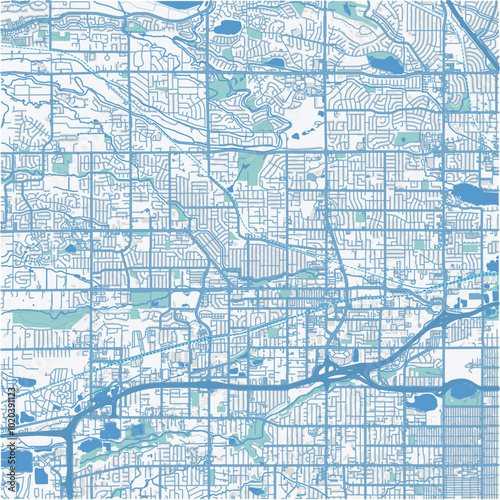 Map of Arvada in Colorado in a professional blue style. Contains layered vector with roads water, parks, etc.