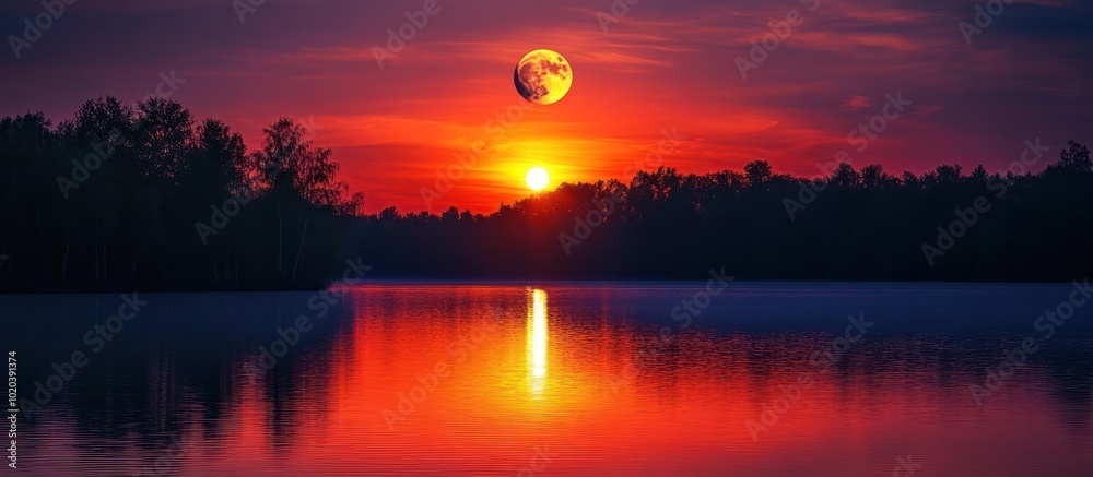 A vibrant red sunset over a calm lake with a crescent moon in the sky. The setting sun casts a warm glow on the water, reflecting the beauty of the sky. A vibrant red sunset over a calm lake with a crescent moon in the sky. The setting sun casts a warm glow on the water, reflecting the beauty of the sky.