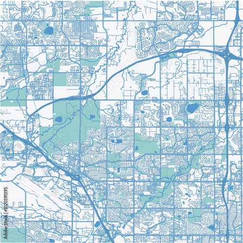 Map of Broomfield in Colorado in a professional blue style. Contains layered vector with roads water, parks, etc.
