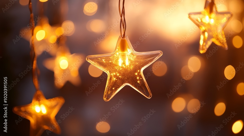 Star-shaped lights casting a warm glow with a soft bokeh effect, enhancing the Christmas spirit. Star-shaped lights casting a warm glow with a soft bokeh effect, enhancing the Christmas spirit.