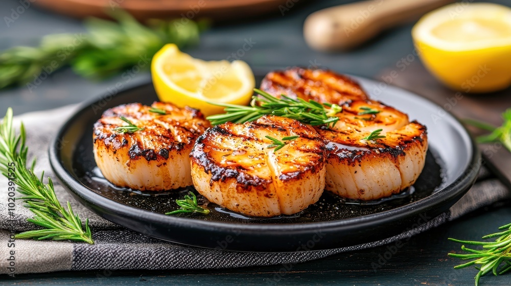 Grilled scallops garnished with herbs and lemon slices on a dark plate, ready to serve. Grilled scallops garnished with herbs and lemon slices on a dark plate, ready to serve.