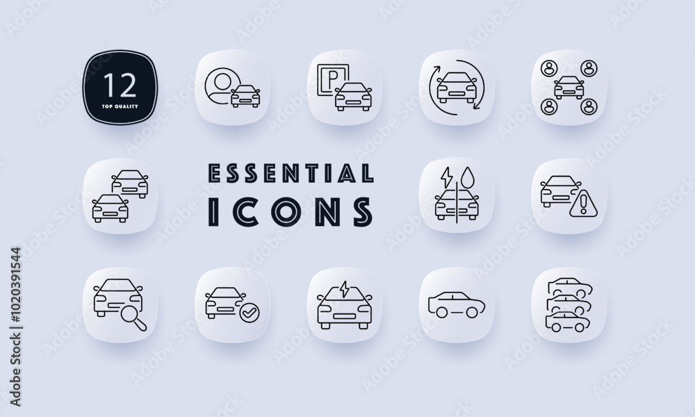 Automotive set icon. Carpool, parking, vehicle rotation, car sharing, charging, car maintenance, car search, insurance, electric car, vehicle comparison. Suitable for transport and automotive services
