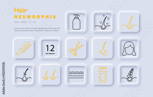 Hair set icon. Hair follicles, pH level, treatment, spray, scalp care, growth, injection, hair analysis, shampoo, loss, health