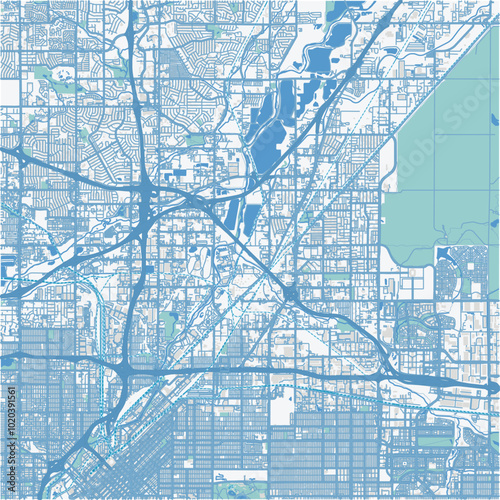 Map of Commerce City in Colorado in a professional blue style. Contains layered vector with roads water, parks, etc.