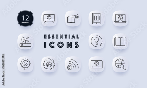 Tech set icon. TV settings, speaker, e-reader, laptop, Wi-Fi router, webcam, privacy gear, play button, streaming video, global search. Suitable for media, networking, and technology themes