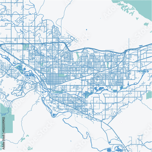 Map of Grand Junction in Colorado in a professional blue style. Contains layered vector with roads water, parks, etc.