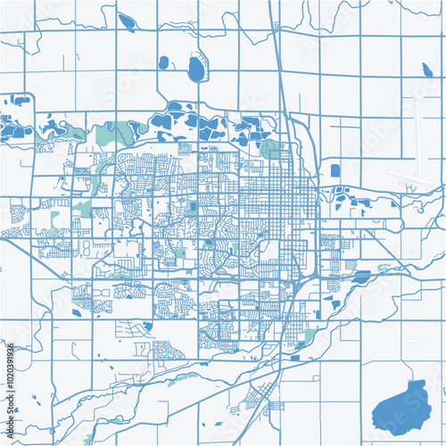 Map of Greeley in Colorado in a professional blue style. Contains layered vector with roads water, parks, etc.