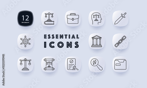 Legal set icon. Scales of justice, briefcase, head with scales, sword, sheriff badge, courthouse, chain link, legal documents, magnifying glass, file folder. Law, justice, and legal professions