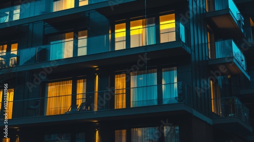 Contemporary apartment building at twilight with warm, illuminated windows creating a striking contrast against the modern façade.